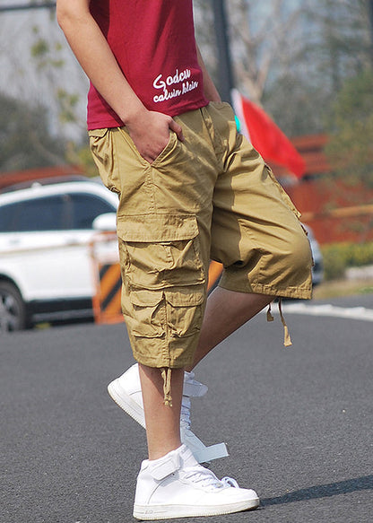 Khaki Button Cotton Summer Crop Pants Pockets