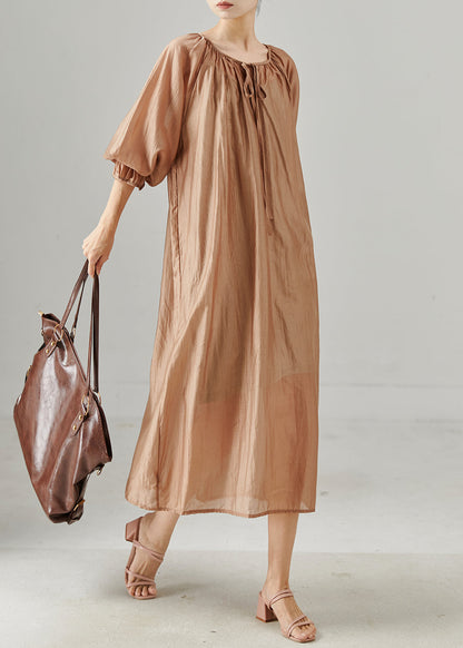 Khaki Cotton Holiday Dress Oversized Lace Up Fall