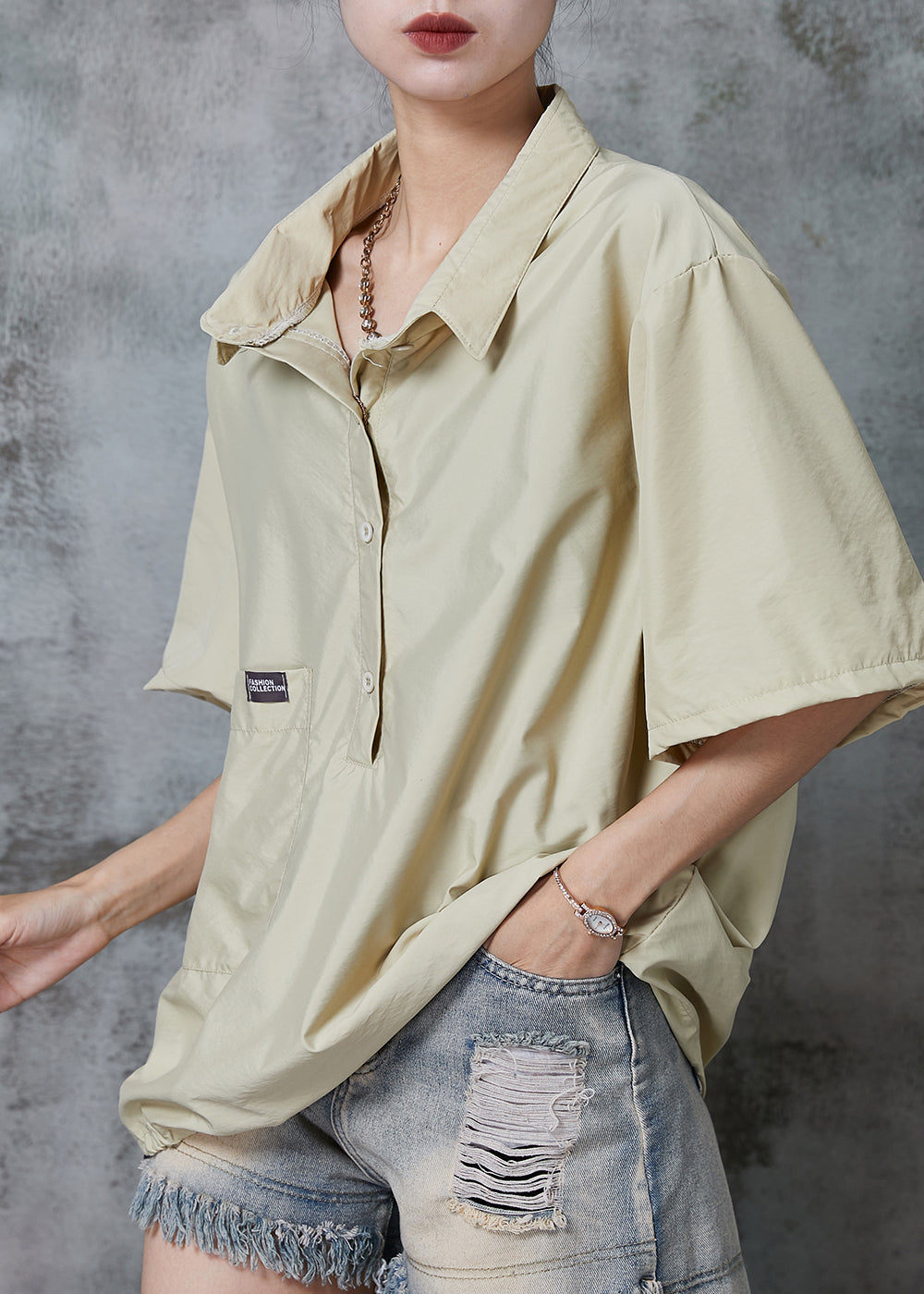 Khaki Cotton Pullover Oversized Drawstring Summer