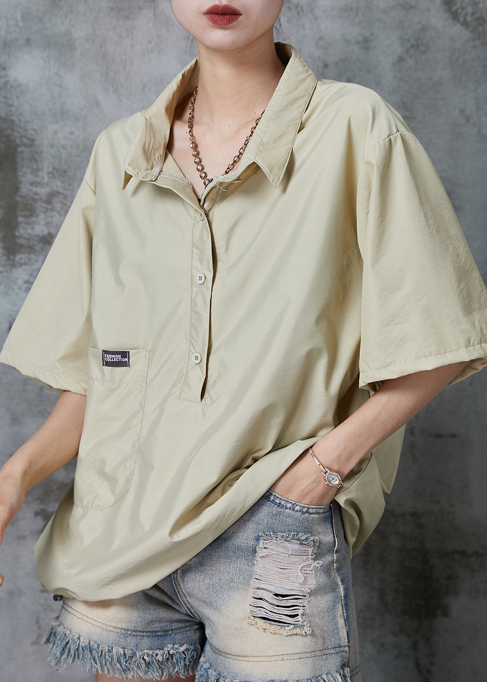 Khaki Cotton Pullover Oversized Drawstring Summer