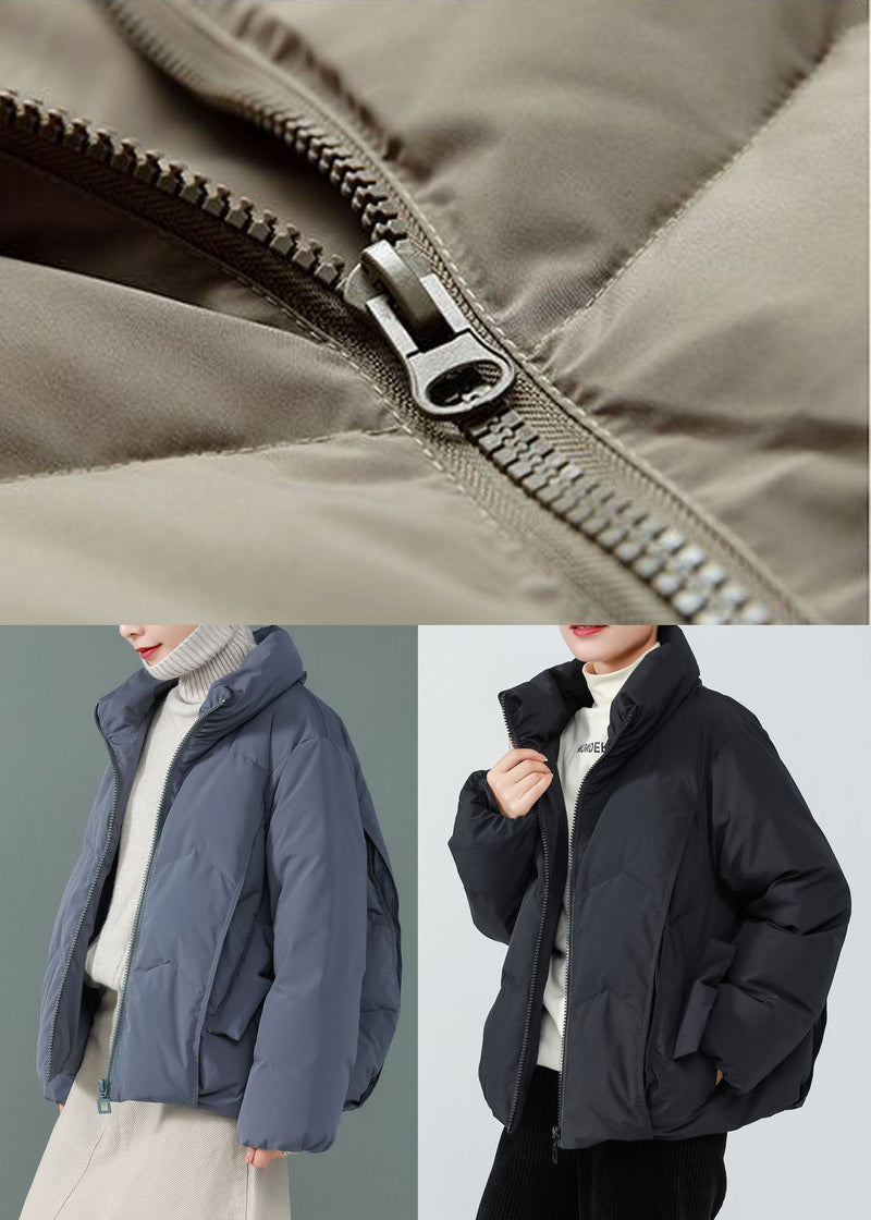 Khaki Cotton Blend Puffer Jacket Stand Collar Zip Up Drawstring Long Sleeve