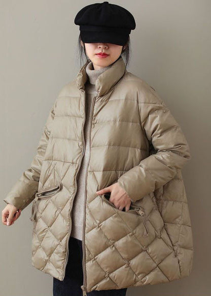 Khaki Fine Cotton Filled Parkaer Stand Collar Zip Up Winter