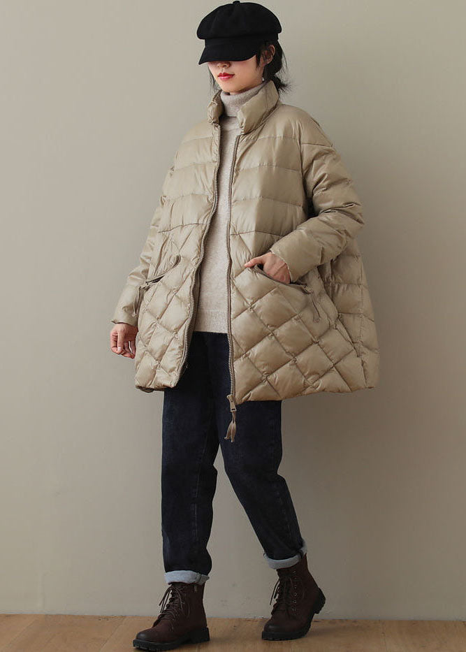 Khaki Fine Cotton Filled Parkaer Stand Collar Zip Up Winter