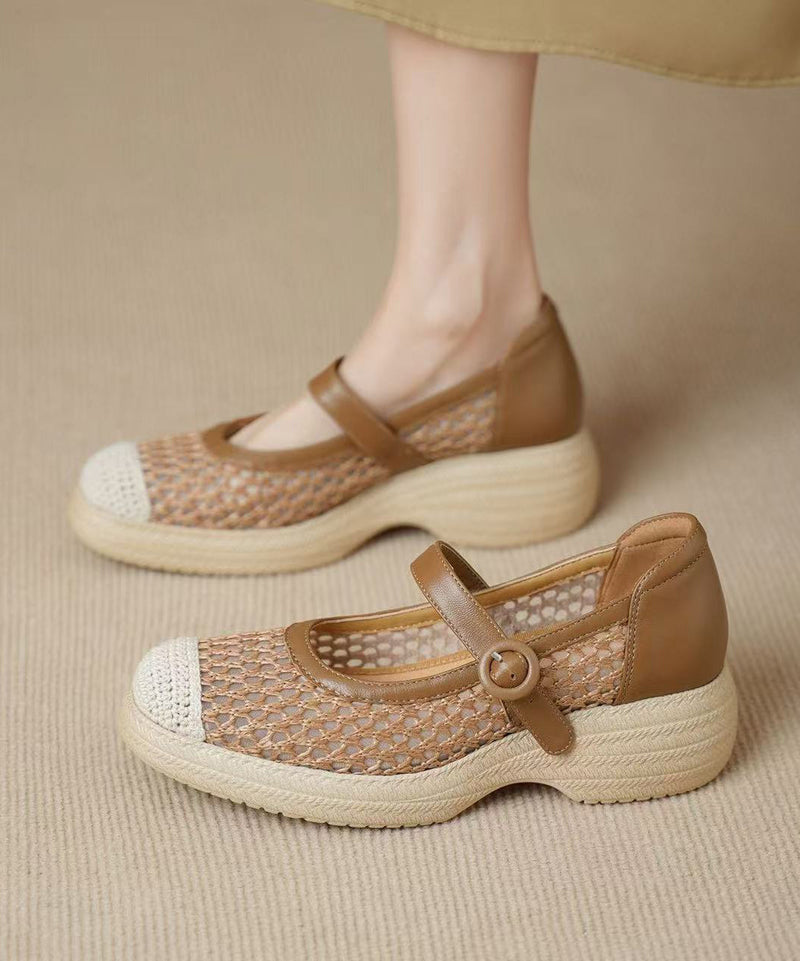 Khaki Flats Knit Fabric Comfy Buckle Strap Flat Shoes for