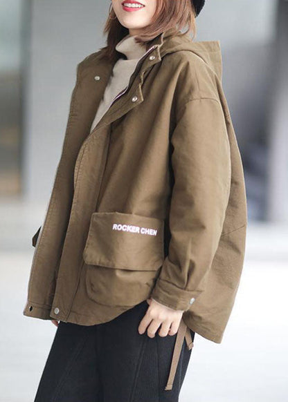 Khaki Hooded Zippered Winter Cotton Long Sleeve Coat