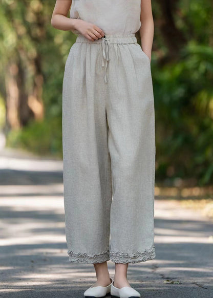 Khaki Lace Up Linen Pants Ruffled Summer