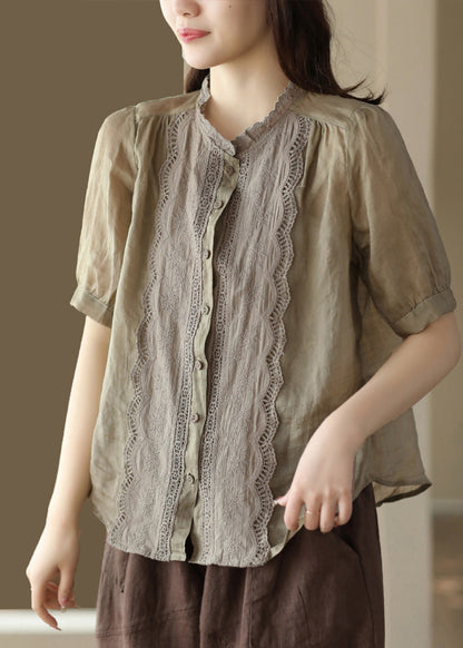 Khaki O-neck Embroideried Ramie Shirt Summer