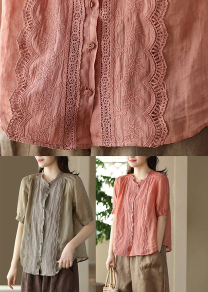 Khaki O-neck Embroideried Ramie Shirt Summer