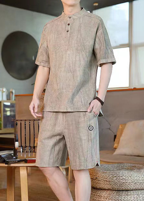 Khaki O-neck Pockets T Shirt and Shorts Two Pieces Set Short Sleeve