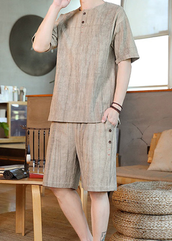 Khaki O-neck Pockets T Shirt and Shorts Two Pieces Set Short Sleeve