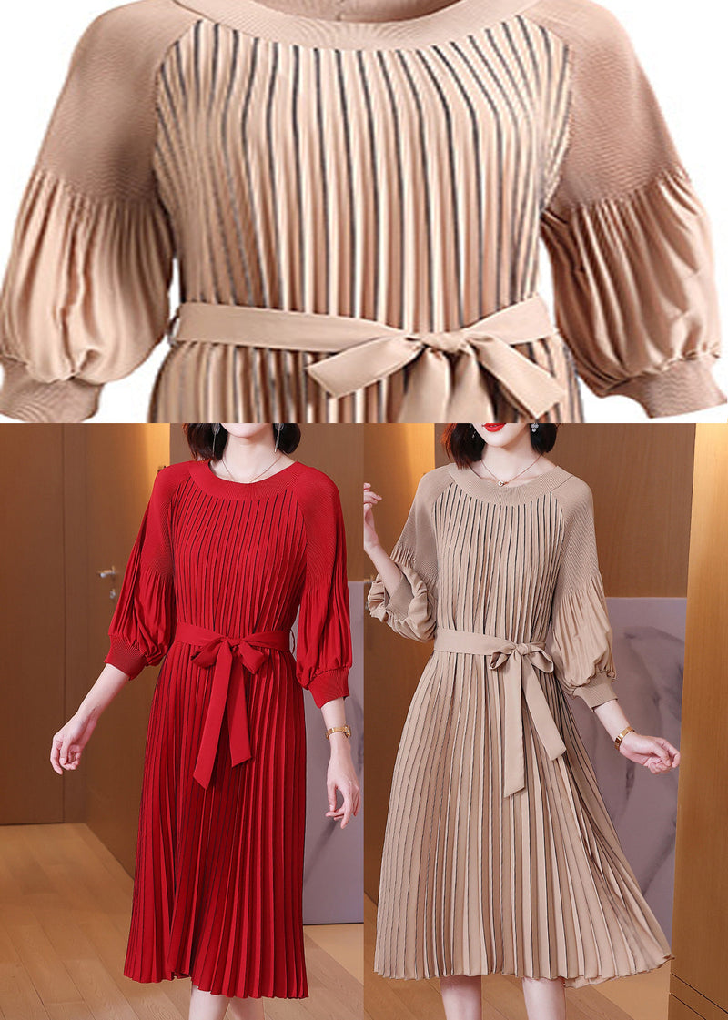 Khaki O-neck Tie Waist Maxi Dress Lantern Sleeve