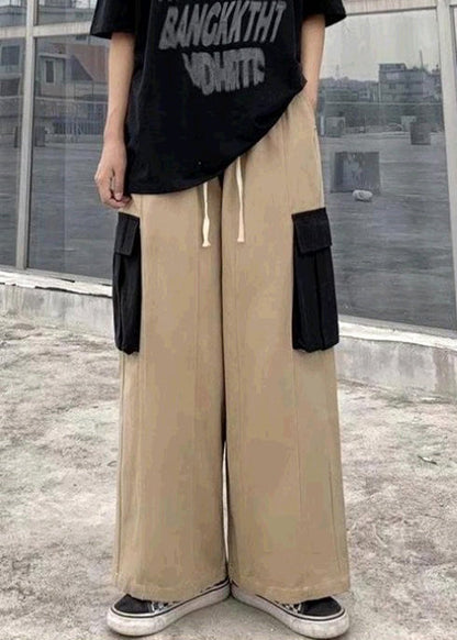 Khaki Original Design Patchwork Cotton Pants Elastic Waist