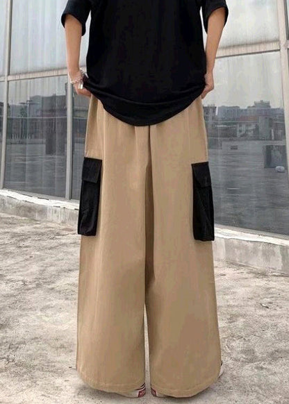 Khaki Original Design Patchwork Cotton Pants Elastic Waist