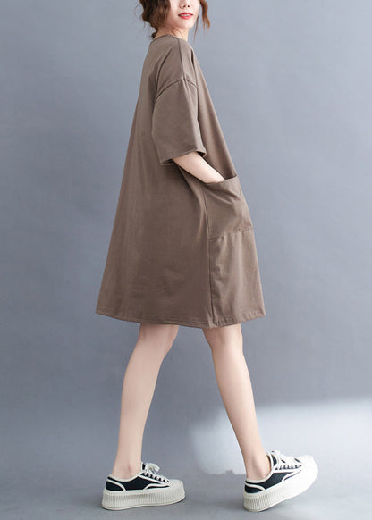Khaki Oversized Cotton Dress O-neck Pockets Summer