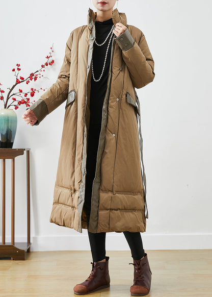 Khaki Patchwork Fine Cotton Filled Parka Warm Tie Waist Winter