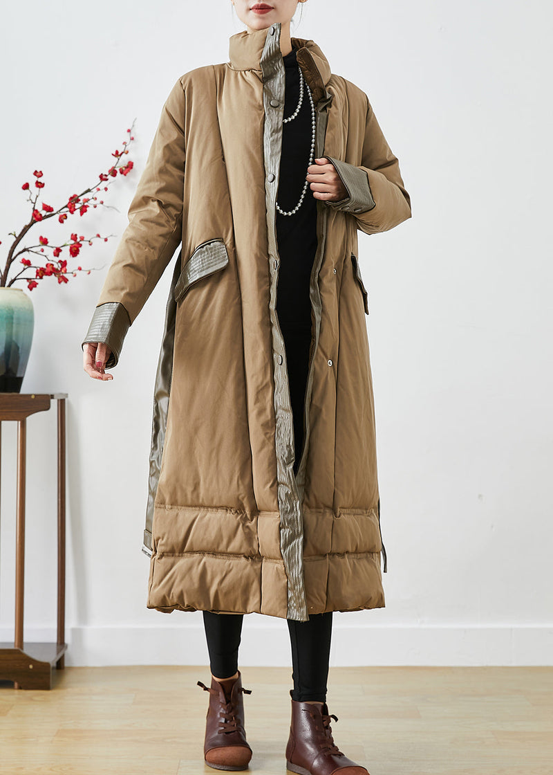 Khaki Patchwork Fine Cotton Filled Parka Warm Tie Waist Winter