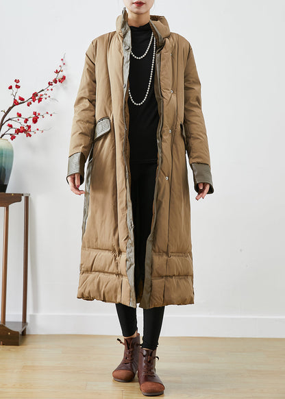 Khaki Patchwork Fine Cotton Filled Parka Warm Tie Waist Winter