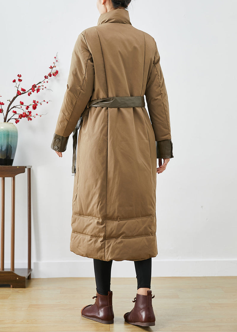 Khaki Patchwork Fine Cotton Filled Parka Warm Tie Waist Winter