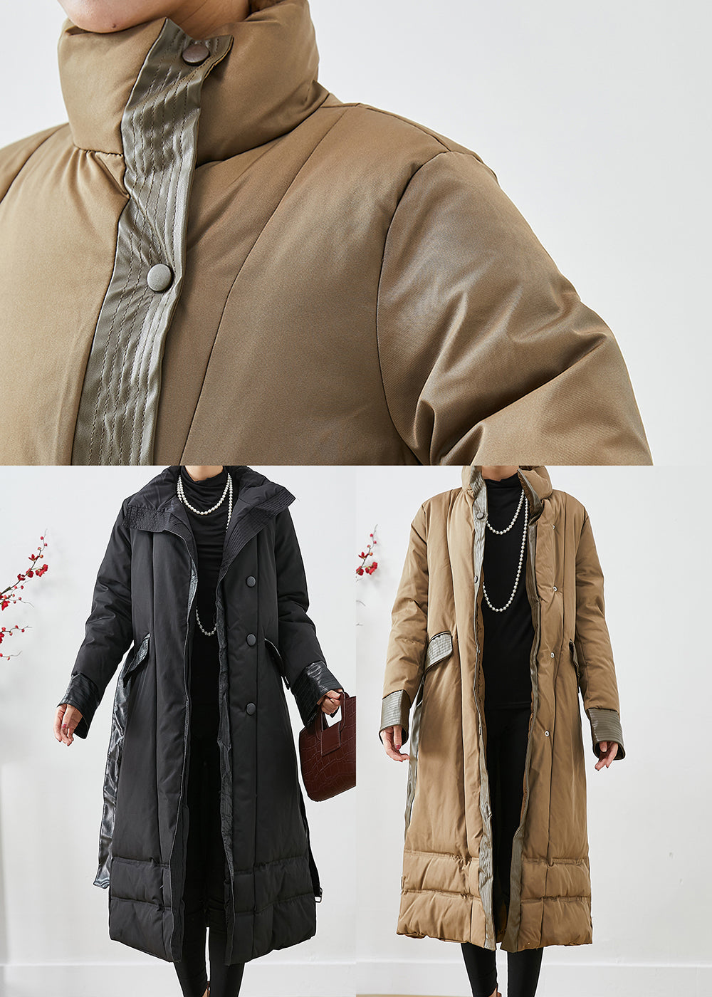 Khaki Patchwork Fine Cotton Filled Parka Warm Tie Waist Winter