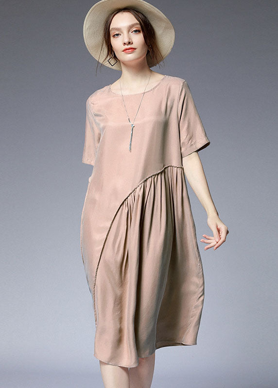 Khaki Patchwork Silk Mid Dress Wrinkled Color Short Sleeve