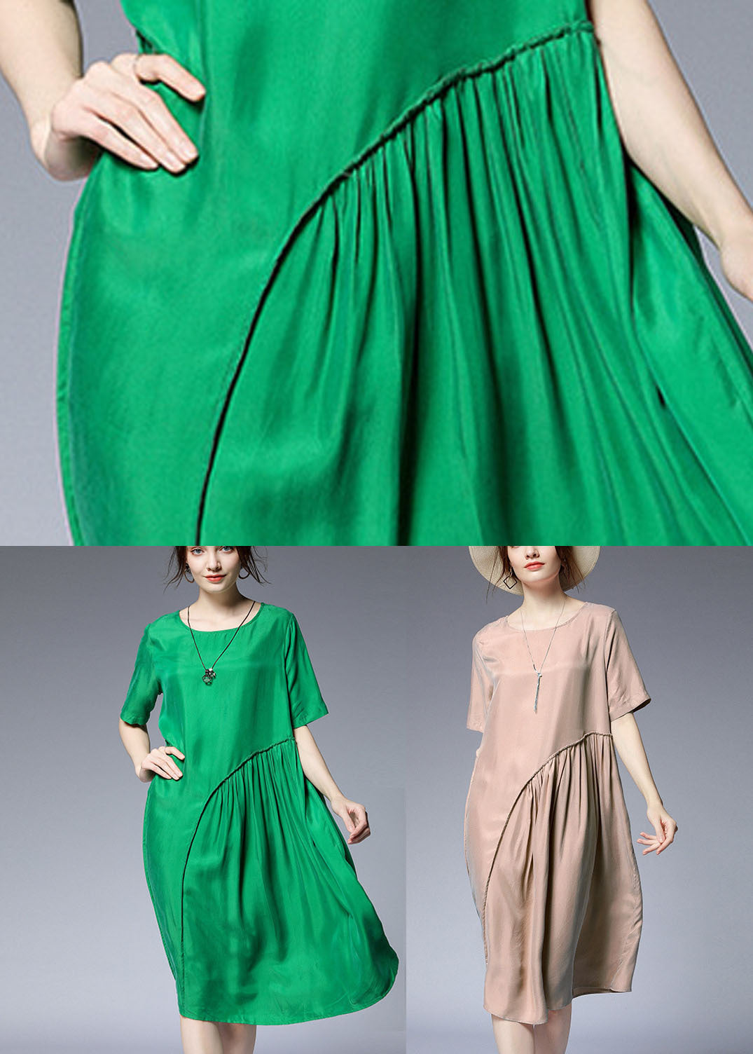 Khaki Patchwork Silk Mid Dress Wrinkled Color Short Sleeve