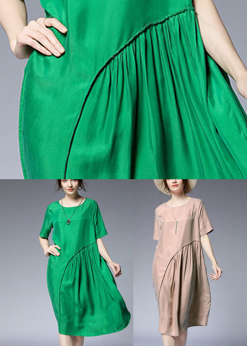 Khaki Patchwork Silk Mid Dress Wrinkled Color Short Sleeve