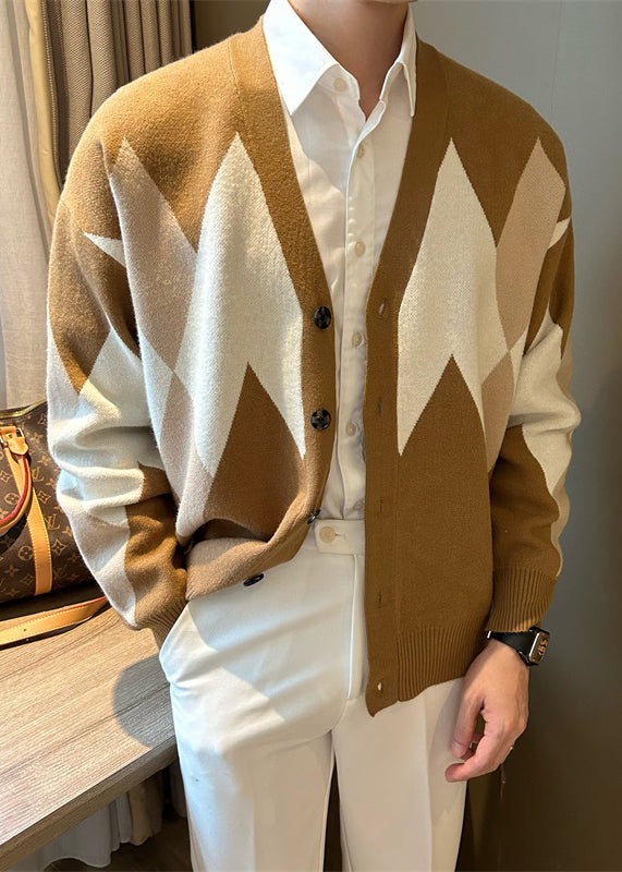 Khaki Plaid Cozy Knit Coats V Neck Spring