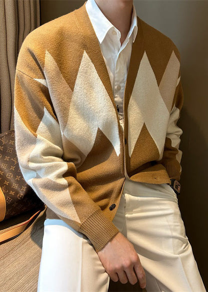Khaki Plaid Cozy Knit Coats V Neck Spring