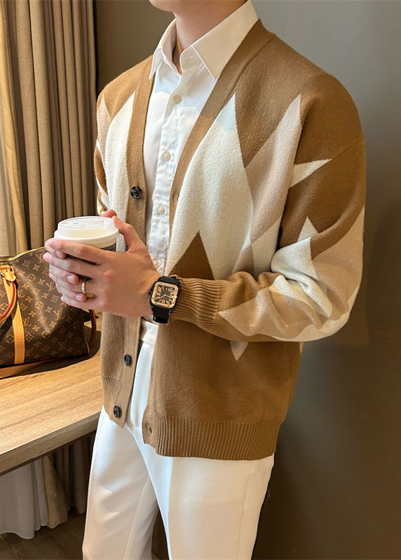 Khaki Plaid Cozy Knit Coats V Neck Spring