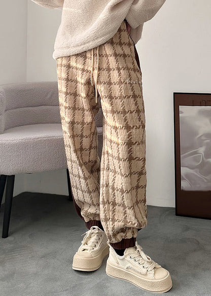Khaki Plaid Lace Up Patchwork Cotton Pants Elastic Waist