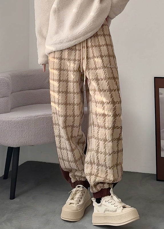 Khaki Plaid Lace Up Patchwork Cotton Pants Elastic Waist