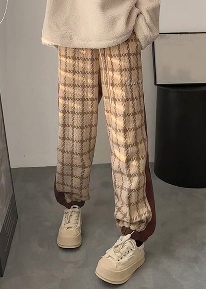 Khaki Plaid Lace Up Patchwork Cotton Pants Elastic Waist