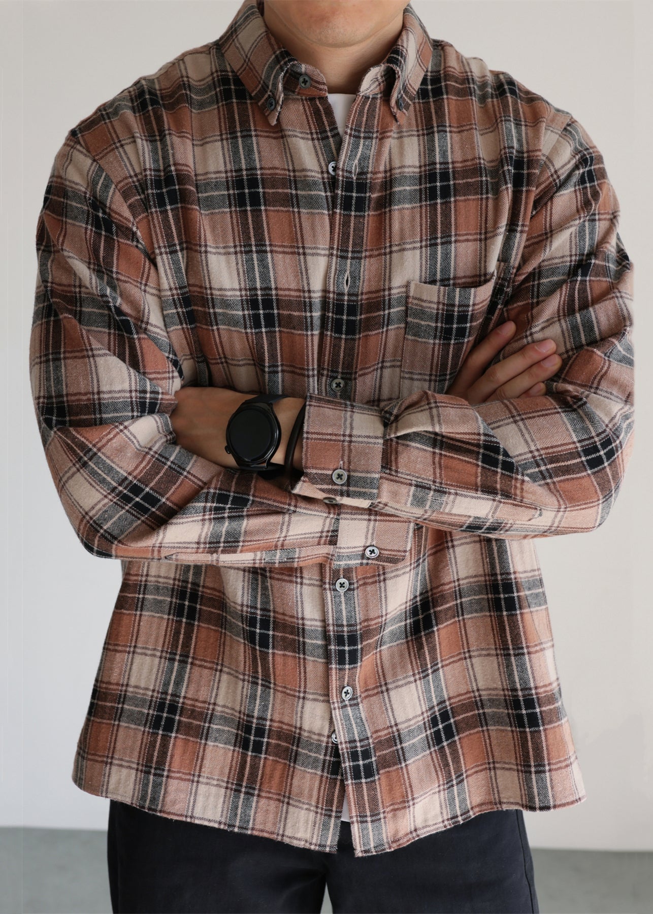 Khaki Plaid Pockets Cotton Fall Shirts Men Peter Pan Collar