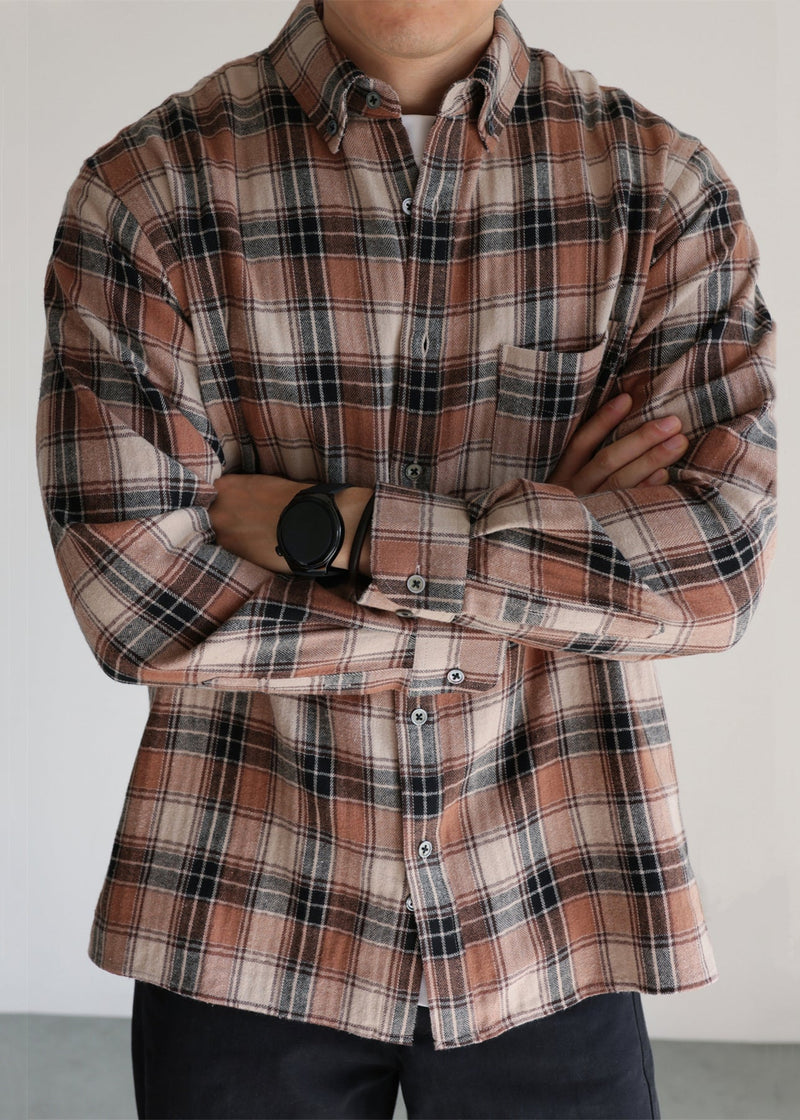 Khaki Plaid Pockets Cotton Fall Shirts Peter Pan Collar