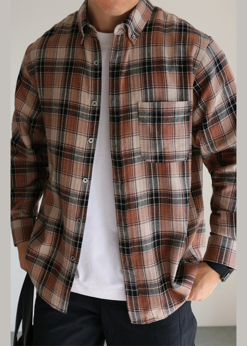 Khaki Plaid Pockets Cotton Fall Shirts Peter Pan Collar