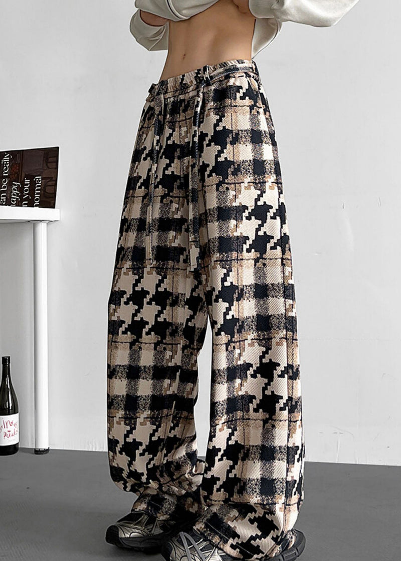 Khaki Plaid Pockets Cotton Pants Elastic Waist