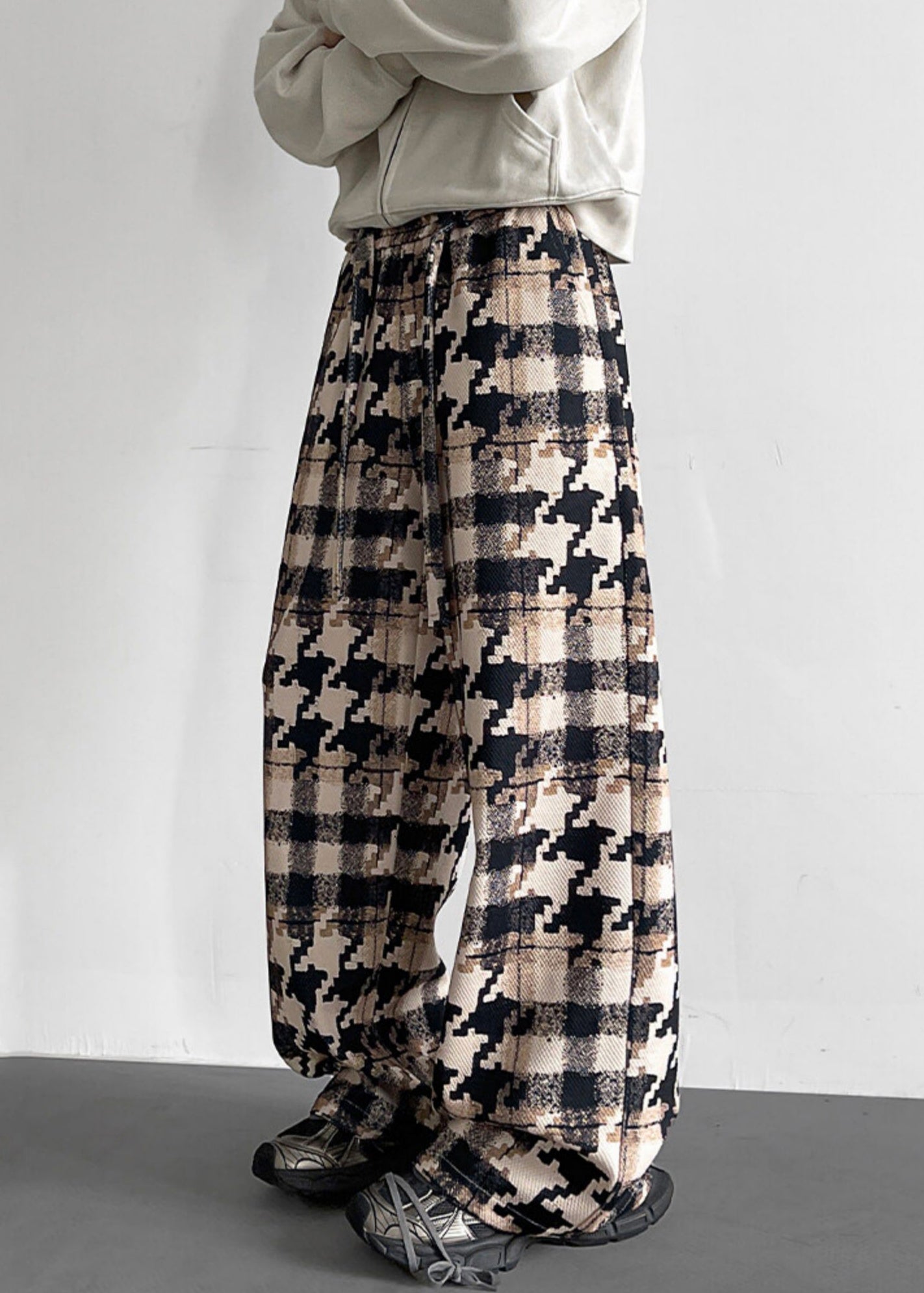 Khaki Plaid Pockets Cotton Pants Elastic Waist