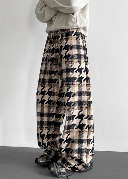 Khaki Plaid Pockets Cotton Pants Elastic Waist