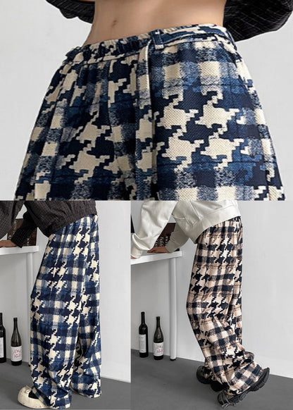 Khaki Plaid Pockets Cotton Pants Elastic Waist