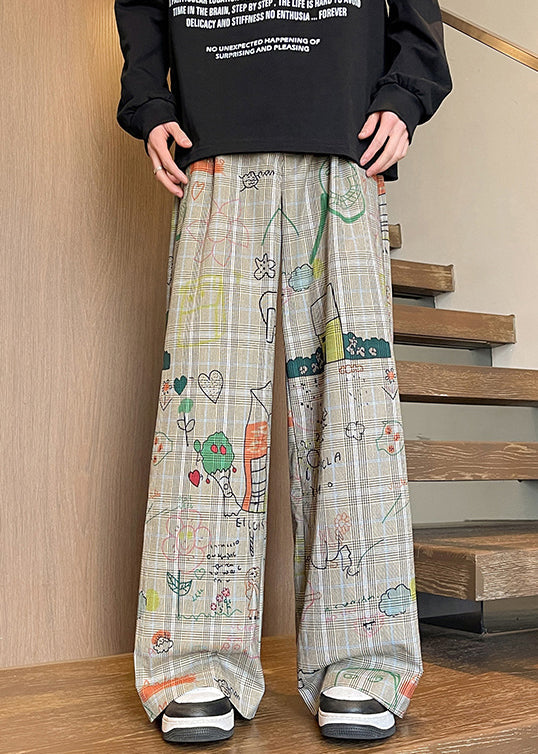 Khaki Plaid Pockets Cotton Wide Leg Pants High Waist
