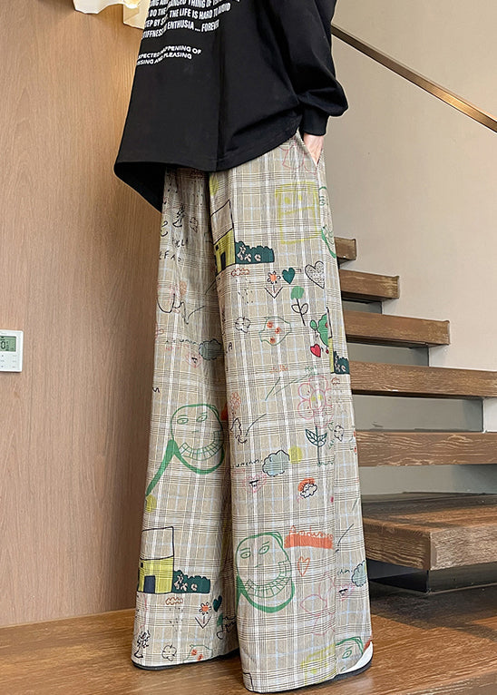 Khaki Plaid Pockets Cotton Wide Leg Pants High Waist