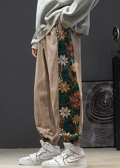 Khaki Pockets Patchwork Cotton Crop Pants Embroideried