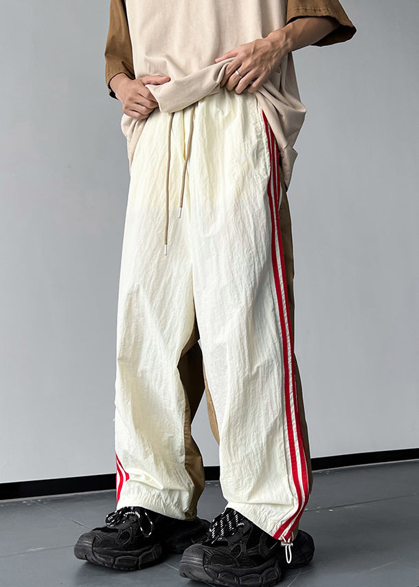 Khaki Pockets Patchwork Cotton Pants Elastic Waist