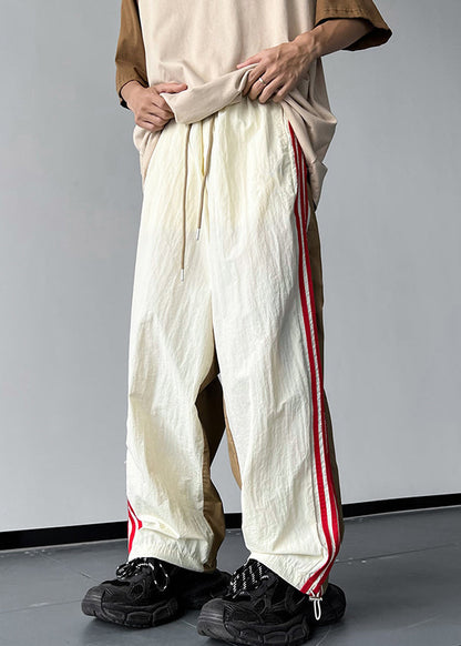 Khaki Pockets Patchwork Cotton Pants Elastic Waist