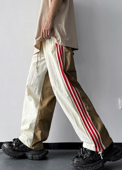 Khaki Pockets Patchwork Cotton Pants Elastic Waist