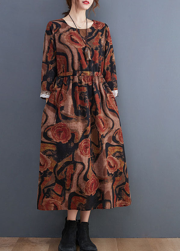 Khaki Pockets Print Cotton Holiday Dress O-neck Long Sleeve