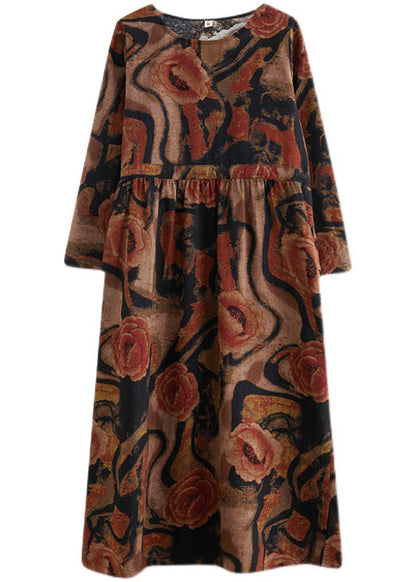 Khaki Pockets Print Cotton Holiday Dress O-neck Long Sleeve