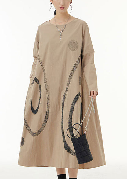 Khaki Print Cotton Long Dress O-neck Oversized Spring