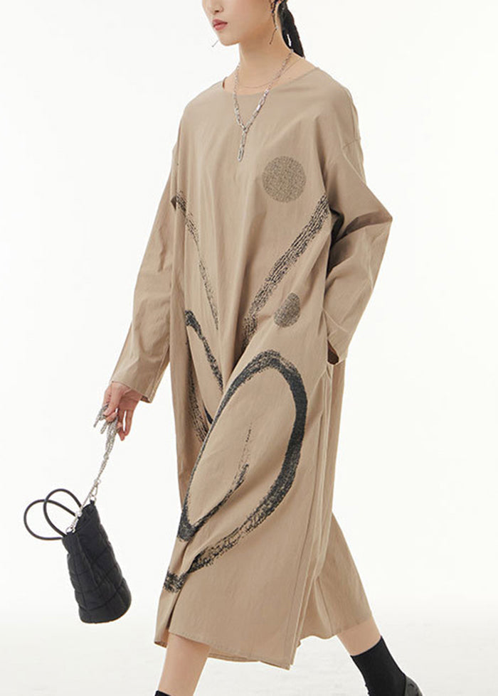 Khaki Print Cotton Long Dress O-neck Oversized Spring