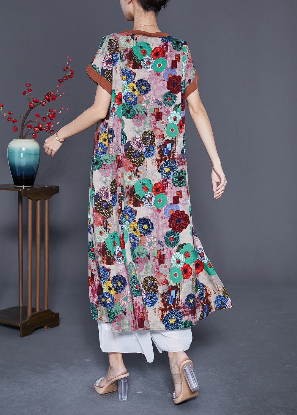 Khaki Print Cotton Long Dress O-neck Summer